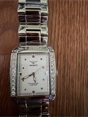 Avirex Silver and White Rectangular Crystal-Trim Watch